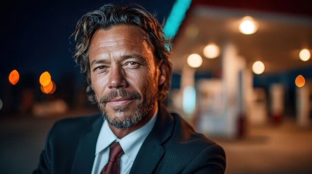 A charismatic man in a suit stands confidently in an urban setting at night, portraying sophistication, professionalism, and alluring charm under soft lighting.