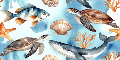 Fototapeta premium Set of tropical sea fish and marine animals vector illustration collection