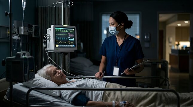 Dedicated healthcare professional monitoring patient ata on a digital screen ina clinical setting, focuse on providing high-qualitymedical assistance and patent-centered nursing care.