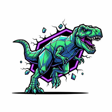 Green T Rex Dinosaur Emerging from Geometric Portal.