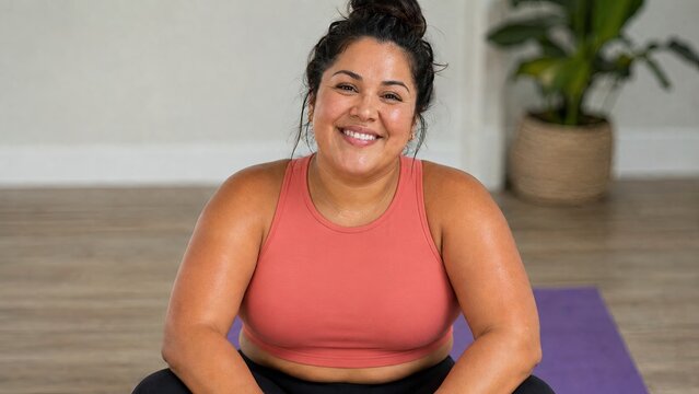 Smiling Woman Sitting on Yoga Mat at Home for Wellness and Body Positivity