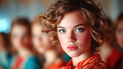 Obraz premium A striking portrait of a young woman with curly hair and bright makeup set against a soft background, radiating confidence and charm in a vibrant atmosphere.