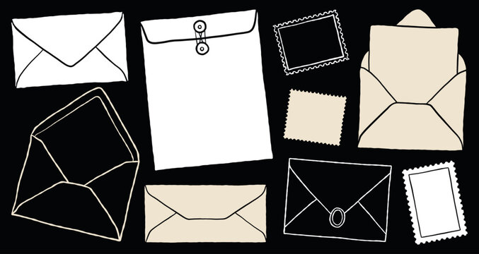 envelope and stamps vector set. hand drawn postal stationery illustration collection. vintage and modern mail isolated elements for branding, stationery, invitation and scrapbook design concept