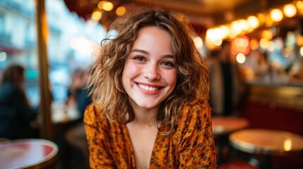 Obraz premium A joyful woman with curly hair smiles brightly in a charming café, showcasing the warmth and happiness of social interactions in an inviting atmosphere.