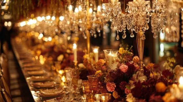 Elegant Crystal Chandelier and Floral Centerpiece Banquet Table in Luxurious Wedding Reception