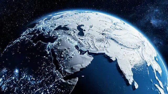 A stunning visual representation of Earth from space, showcasing a predominantly white and blue color scheme with illuminated landmasses and oceans