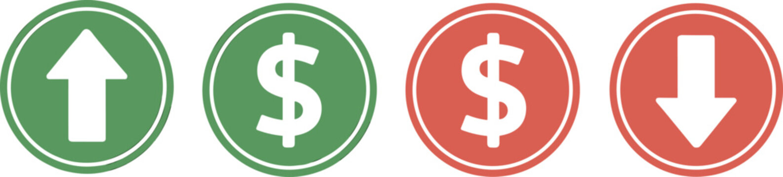 Vector financial market icon set featuring green up arrow and dollar sign alongside red down arrow and currency decrease symbols