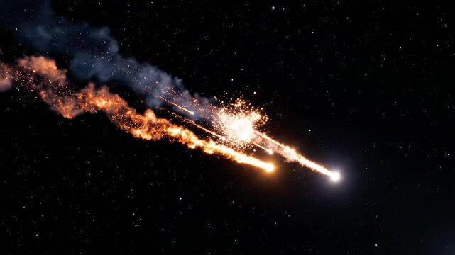A bright comet streaks across a starry night sky, leaving a glowing trail