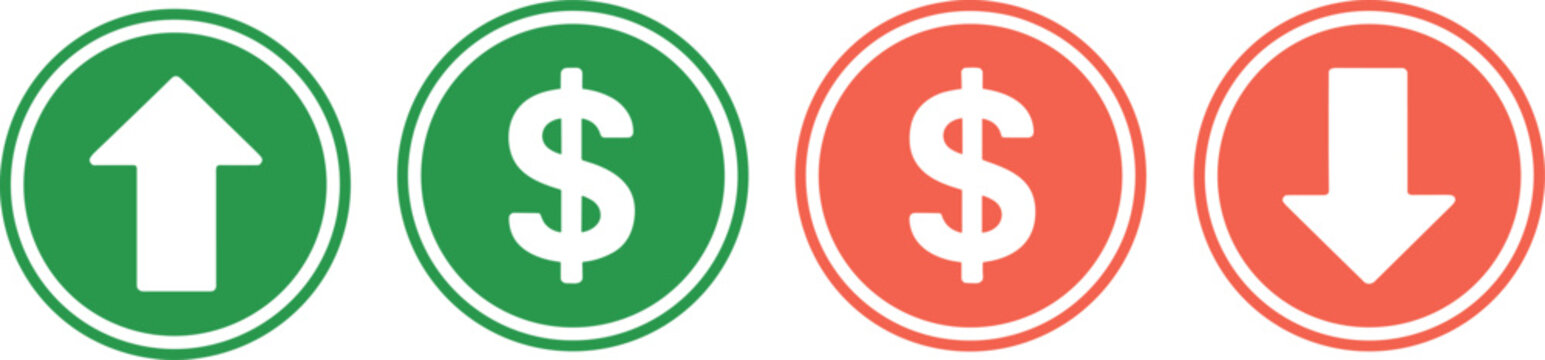 Vector financial market icon set featuring green up arrow and dollar sign alongside red down arrow and currency decrease symbol