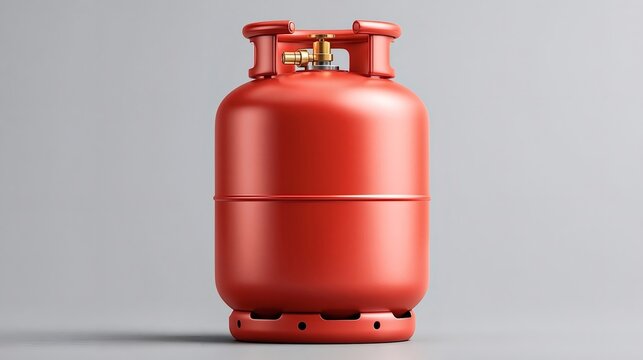 Red metal gas cylinder on a neutral studio background, symbolizing lpgpropane energy storage for domestic and industrial heating, cooking and fuel supply applications