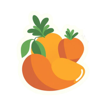 Fresh mango fruit group sticker icon in flat cartoon style with green leaves