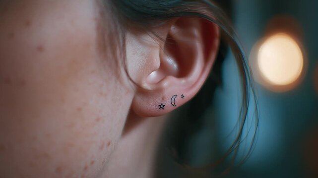 Close-up of a tiny minimalist single-needle tattoo behind an ear, small moon and stars, ultra-fine lines