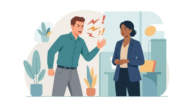Illustration depicts a man showing aggression while a woman stands calmly in an office with plants and furniture around them.