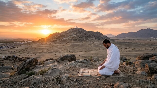 Devout Muslim pilgrim in white ihram robes praying onthe rocky slopes of Mount rafat during the sacred Haj pilgrimage at sunset, relecting deep spiritual faih and devotion in Saudi Arbia.