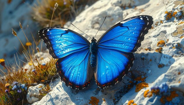 Vibrant blue butterfly resting on coral reef underwater.