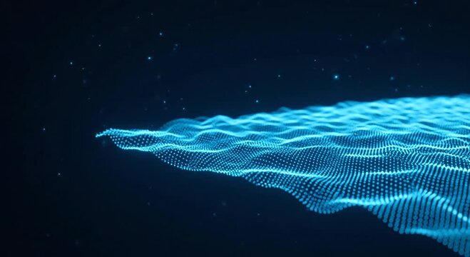 Diagonal blue digital particle plane floating in dark starry space.