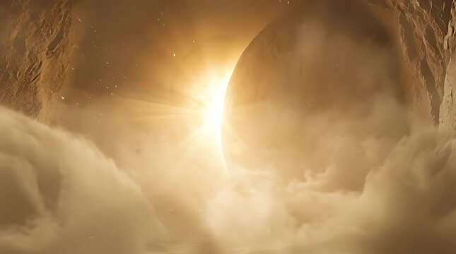 A celestial event, possibly an eclipse, with the sun's corona visible behind a dark celestial body, surrounded by clouds and cosmic dust.