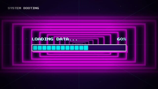 Vibrant retro-futuristic digital system loading data with dynamic neon geometric tunnel background. Abstract progress bar animation for a technological boot-up sequence