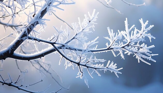 Frost covered tree branches against winter sky backdrop.
