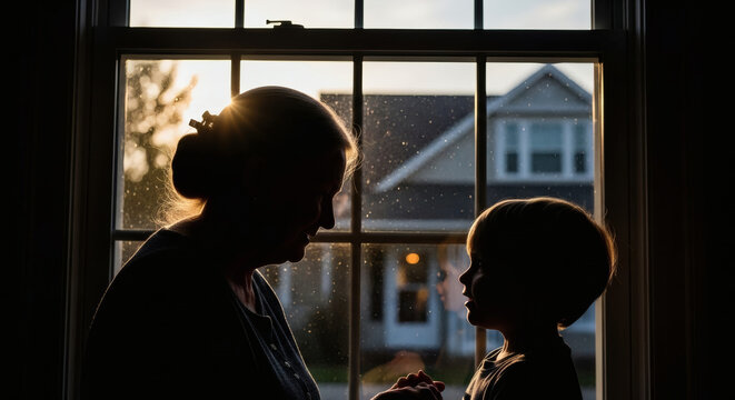 Grandmother and Young Grandson Silhouette Talking by Window at Sunset, Family Home Moment