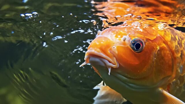 Koi Fish Eating Food Pellet at Water Surface in a Pond