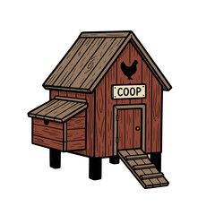 Wooden chicken coop illustration with side nesting box and ramp henhouse birdhouse agriculture livestock structure building illustration homestead backyard hatchery © Kazi Imrul Kayes