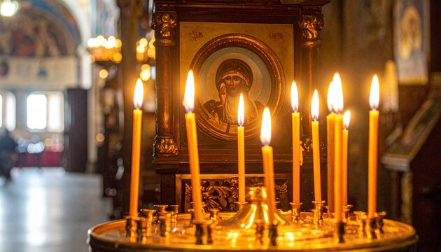 Golden ornate altar with flickering candles in church interior.