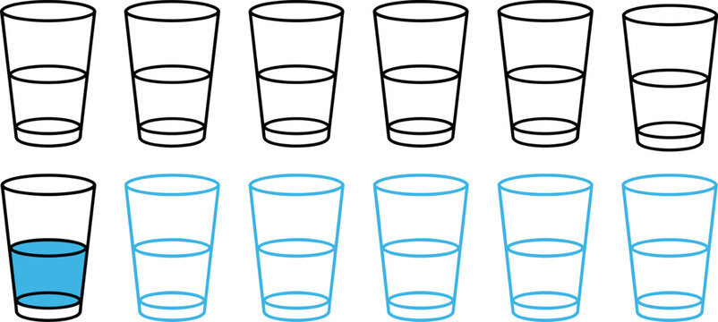 Water balance and daily hydration tracker vector icons set with empty and filled blue liquid glasses for healthy lifestyle