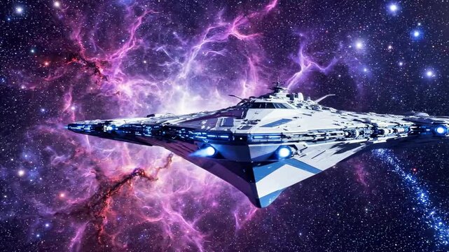 A futuristic spaceship with a triangular hull and blue lights flies through a vibrant purple and pink nebula in a starry night sky