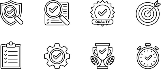 Vector quality control line icon set featuring check marks with magnifying glass shield target trophy and clipboard checklist symbols © Md