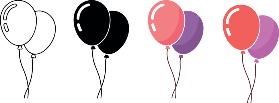 Colorful party balloons vector icons set featuring outline silhouette and flat styles for birthday celebration and holiday events