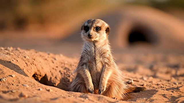 Meerkat Stands Alert Near Its Burrow in the Golden Light of the Desert
