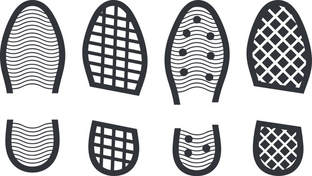 Vector shoe sole footprint icon set featuring various black textured rubber boot tread patterns isolated on a white background