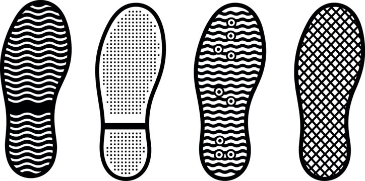 Vector shoe sole footprint icon set featuring various black textured rubber boot tread patterns isolated on a white background