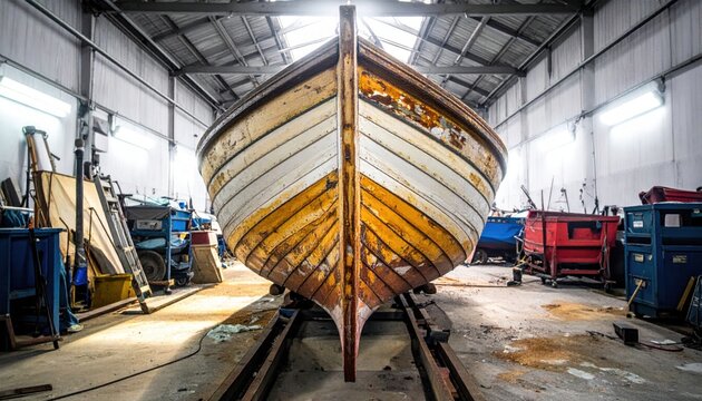 A weathered wooden boat hull in dry dock undergoing restoration, revealing layers of old paint and fresh wood.