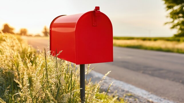 Red mailbox by rural roadside at sunset in summer field