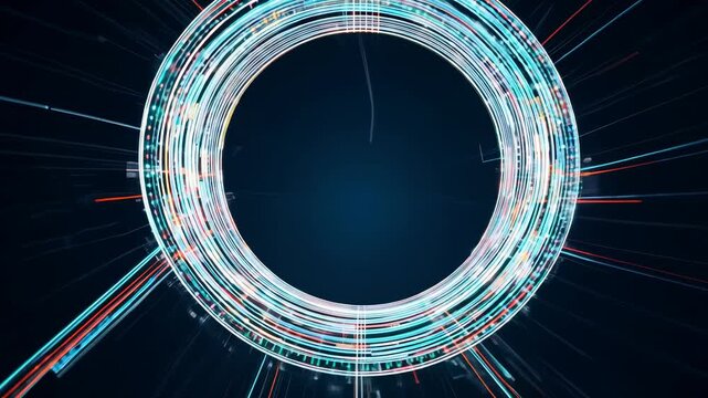 Circular digital light patterns radiate outward in a continuous flow, creating a mesmerizing visual effect against a dark background in a futuristic design
