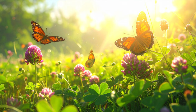 Butterflies flying over blooming flowers