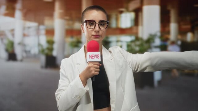 Woman reporter with short hair and glasses holding red microphone, hand pointing and arm extended, wearing white blazer and black crop top in airport concourse; confidence.