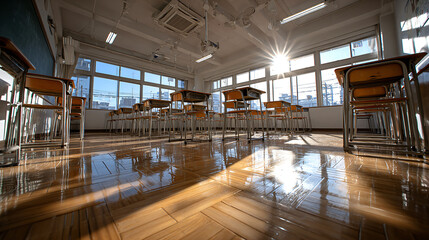 Fototapeta premium empty modern gymnasium with wooden floor isolated on transparent background