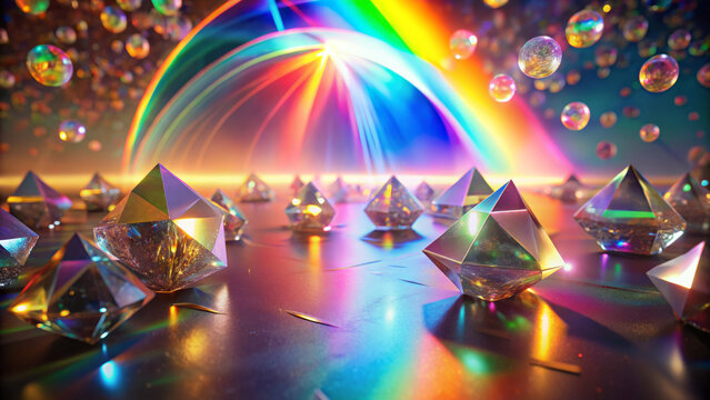 Prismatic light bright plastic panoramic romantic crystal reflection colorful sphere geometric transparent glowing abstract shiny rainbow bubble