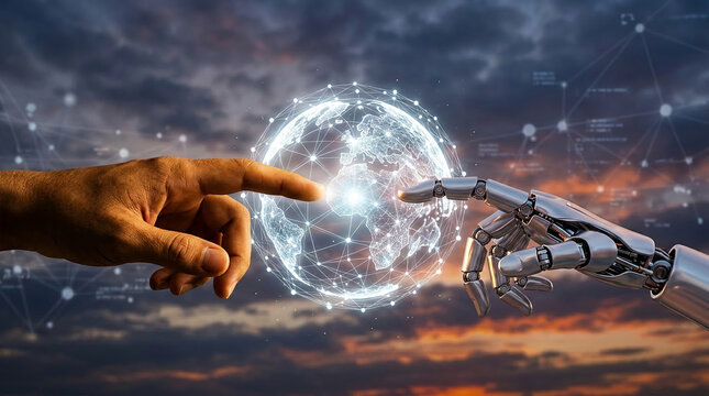 Human hand and robot arm reaching for a glowing digital globe, symbolizing global connection, technology, and future collaboration against a dramatic sky.