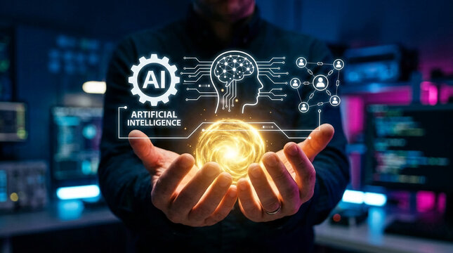 A person holds a glowing orb, with AI and brain graphics representing artificial intelligence, symbolizing innovation, technology, and future concepts