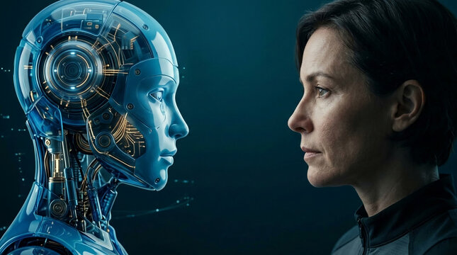Close-up of a human face and a robot face in profile, confronting each other, symbolizing artificial intelligence and human interaction, science and technology, future concepts