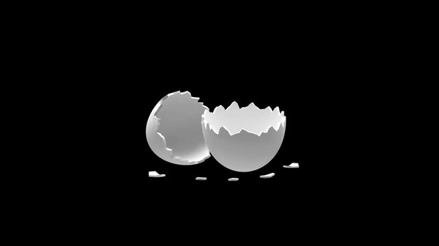 White broken eggshell halves and small shell fragments sit on a black background in a minimal 3D render