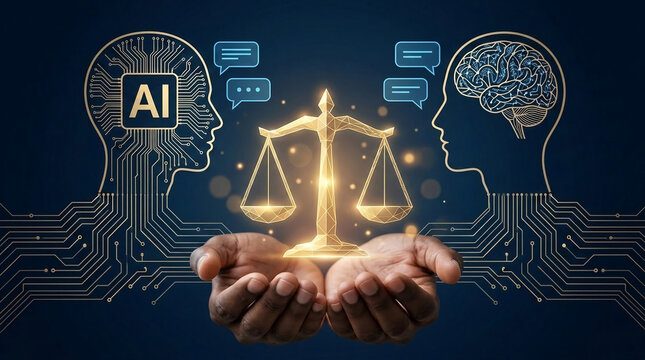 Hands hold scales of justice between AI and human brain icons, symbolizing the intersection of technology and law, representing balance and ethics in artificial intelligence