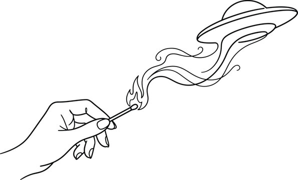 Elegant Hand Holding Lit Matchstick with Smoke Morphing into UFO Flying Saucer Line Art Vector