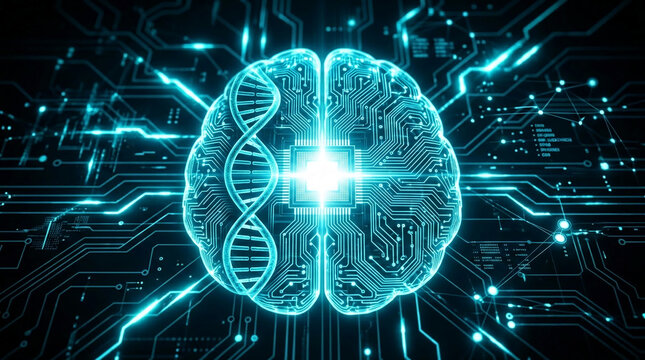 Futuristic digital brain with DNA helix on circuit board background, symbolizing intelligence, innovation, and scientific advancement