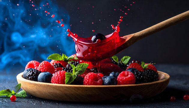 Wooden spoon with red liquid splashing into a fresh bowl of mixed berries creating vibrant and colorful atmosphere food photography generative AI