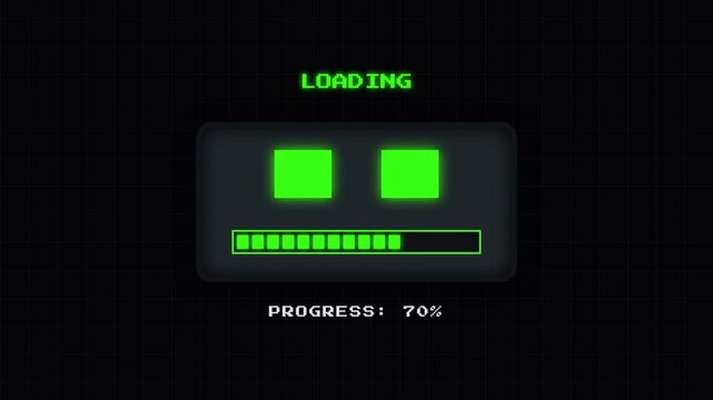 Dynamic digital loading screen showcasing a pixelated progress bar at seventy percent completion, embodying a classic retro 8-bit computer interface aesthetic for digital technology concepts